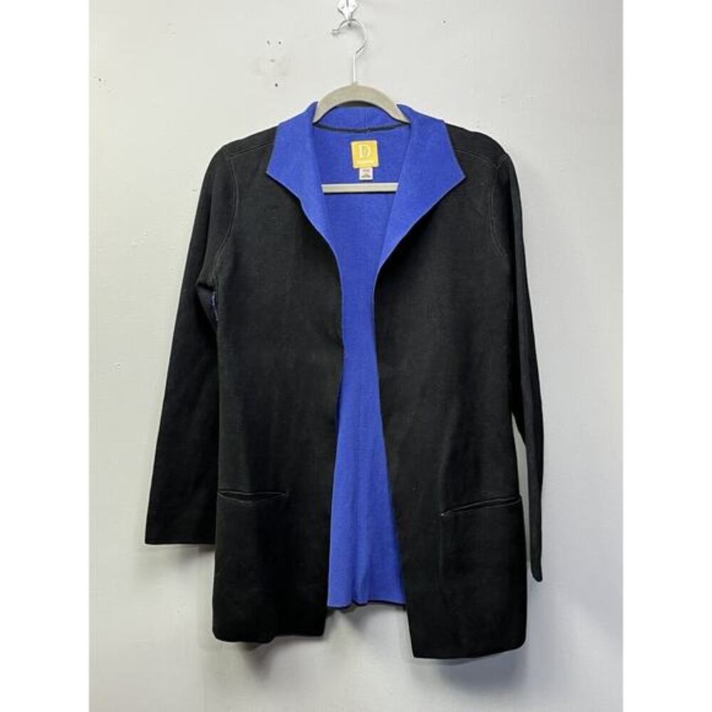 Damask Open-Front Cardigan Womens Small‎ Black Blue Sweater Pockets Knit